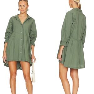 Free People Hannah Cotton Poplin Puff Sleeve Mini Shirt Dress in Army - M